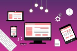 An illustration of a website optimized for mobile, tablet, laptop, and PC.